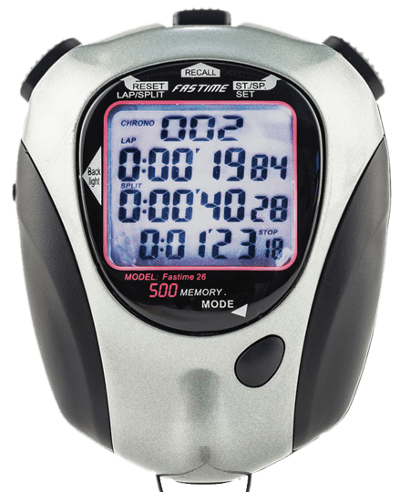 Stopwatch with 500 lap memory, data download to PC function
